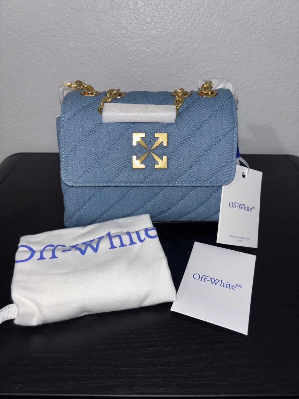 Off-White Light Blue Quilted Shoulder Bag with Gold Hardware